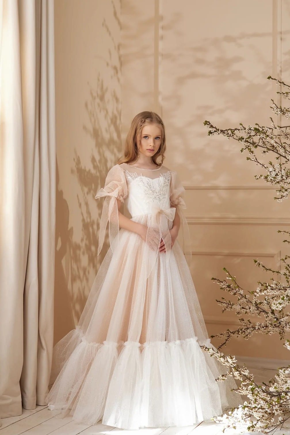 Champagne / 3m Sunnypetal Princess Glitter Tulle Flower Girl Dress with Puff Sleeves and Bow