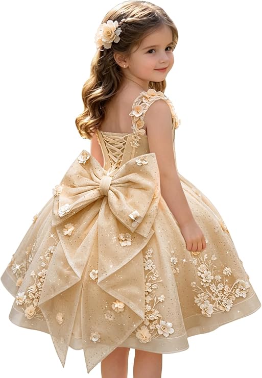 Champagne / 3m Sunnypetal Sweetheart 3D Floral Lace Appliqué Short Flower Girl Dress witn Bow