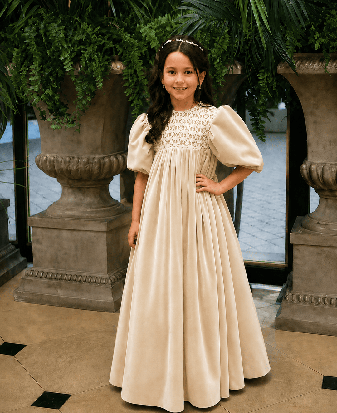Champagne / 3m Sunnypetal Vintage Velvet Lace Puff Sleeve Flower Girl Dress Long Princess Gown
