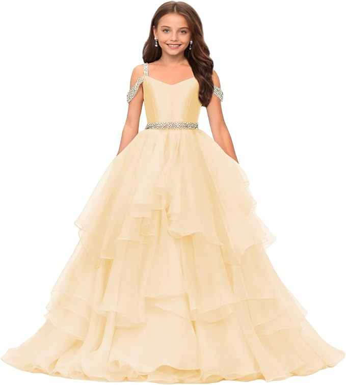 Champagne / 9m Sunnypetal Off-Shoulder Sweetheart Puffy Tulle Flower Girl Dress with Beaded Details