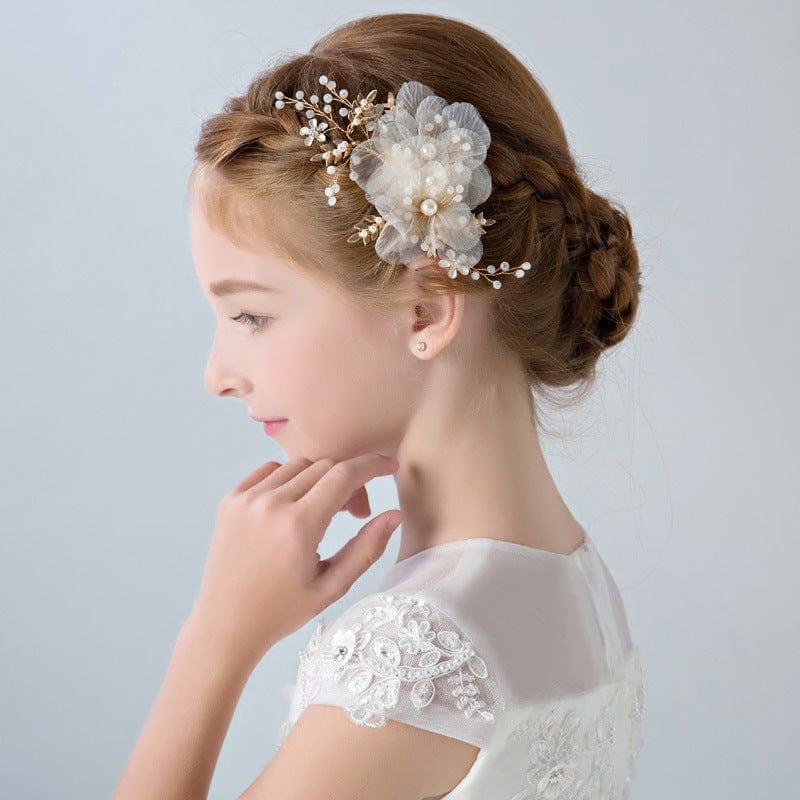 Champagne SunnyPetal Flower Girl Hair Accessory Pearls White Floral Cute Elegant Hair Pin