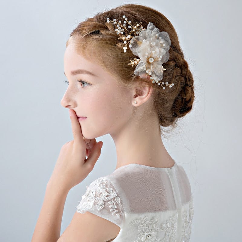 Champagne SunnyPetal Flower Girl Hair Accessory Pearls White Floral Cute Elegant Hair Pin