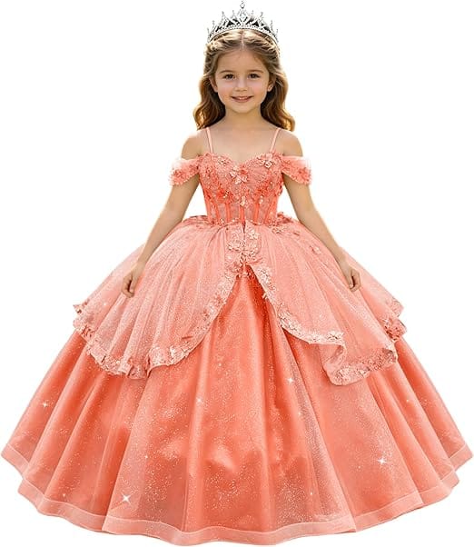 Coral / 18m SunnyPetal Enchanted Sage Green Off-Shoulder Lace Appliqué Tulle Flower Girl Gown