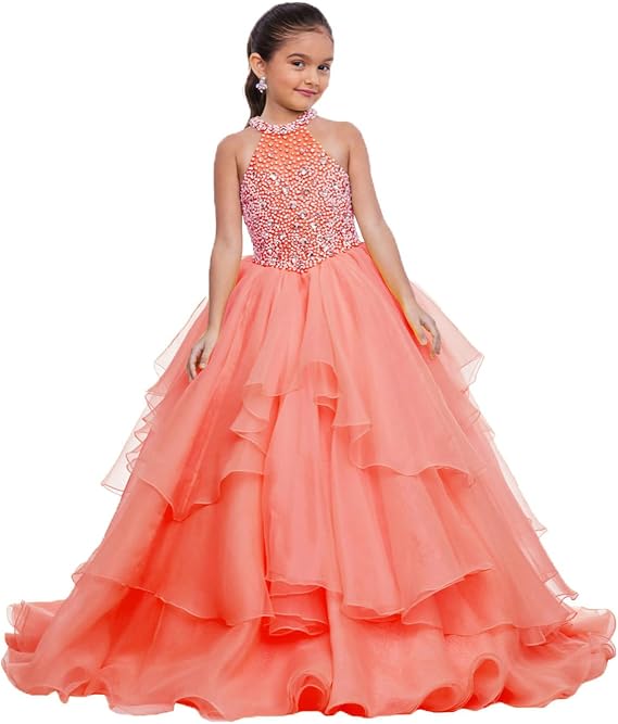 Coral / 18m Sunnypetal Layered Organza Princess Ball Gown Flower Girl Dress for Pageant &amp; Party