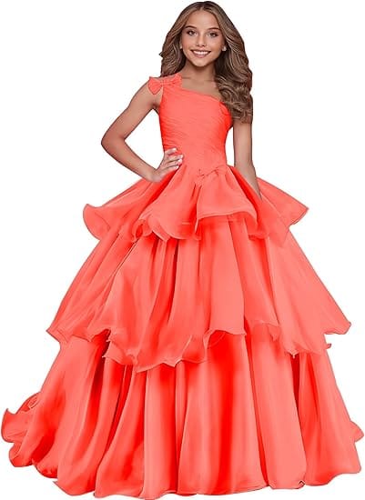 Coral / 18m Sunnypetal Luxury One-Shoulder Puffy Organza Flower Girl Dress Princess Pageant Gown