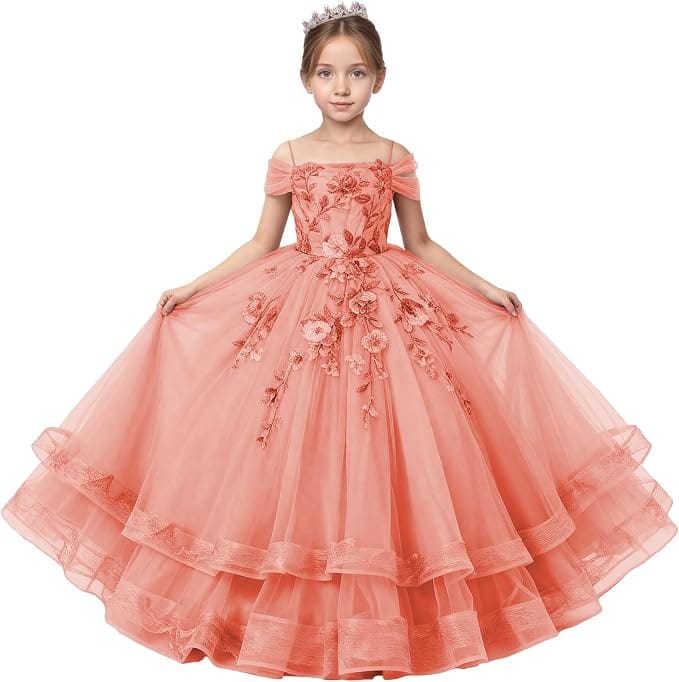 Coral / 18m Sunnypetal Off-Shoulder Floral Appliqué Tulle Flower Girl Dress for Special Occasions