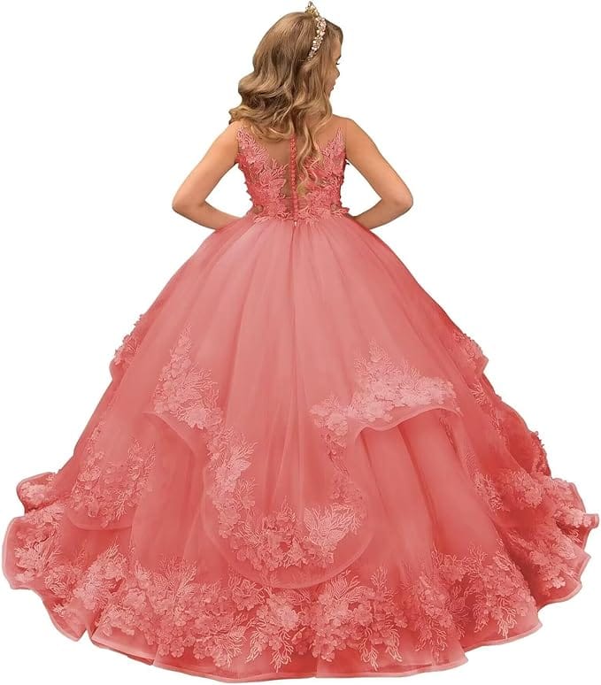 Coral / 18m Sunnypetal Pink Lace Appliques Floral Flower Girl Dresses Birthday Party Princess Dresss
