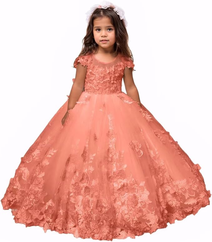 Coral / 18m Sunnypetal Romantic Blush Floral Lace Tulle Flower Girl Ball Gown