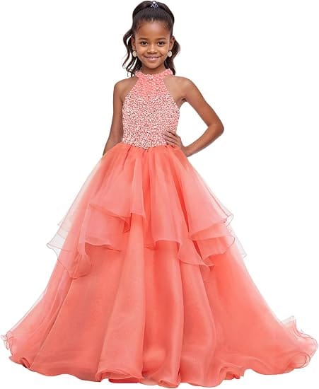 Coral / 18m Sunnypetal Sparkling High Neck Ball Gown Flower Girl Dress with Beaded Bodice