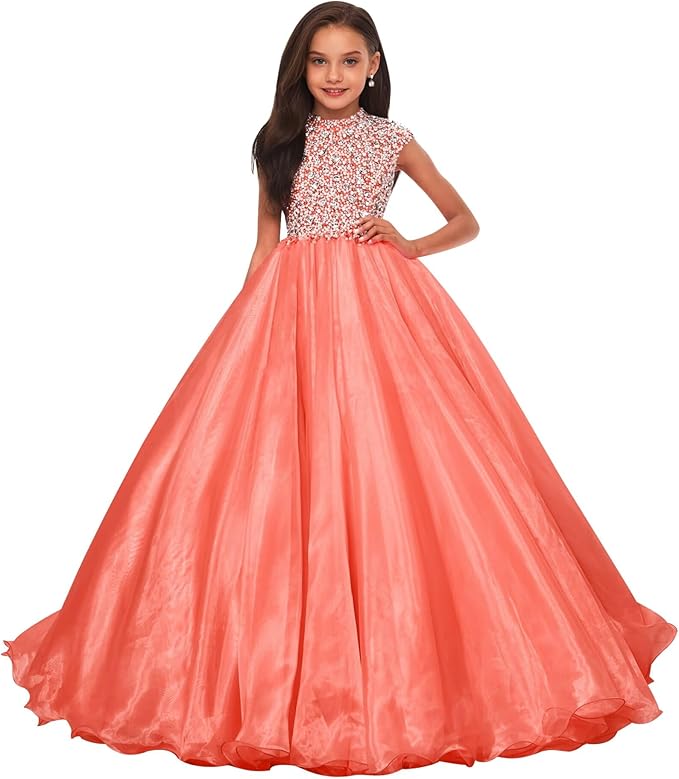Coral / 18m Sunnypetal Sparkling Hot Pink Ball Gown Flower Girl Dress with Rhinestones Beaded Bodice