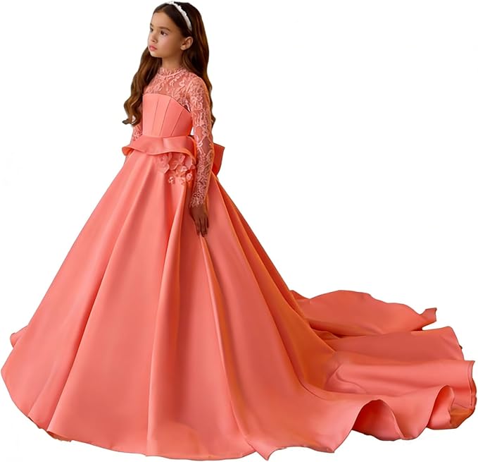 Coral / 3m Sunnypetal Long Sleeves Lace Appliques Long Princess Satin Communion Dress with 3D Flowers