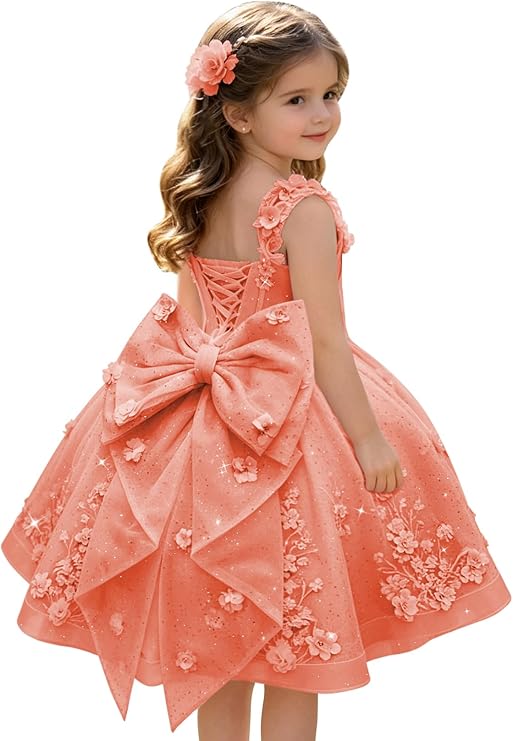 Coral / 3m Sunnypetal Sweetheart 3D Floral Lace Appliqué Short Flower Girl Dress witn Bow