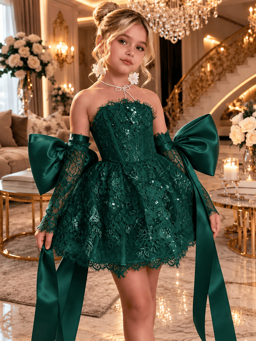 Dark Green / 12m Sunnypetal Dreamy Light Blue Lace Flower Girl Dress with Oversized Bows for Special Occasions