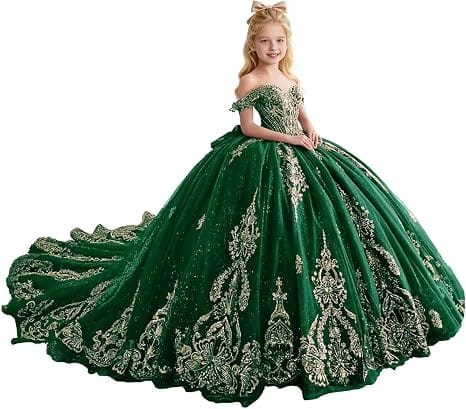 Dark Green / 18m Sunnypetal Luxury Gold Appliqué Glitter Tulle Flower Girl Gown with Oversized Bow