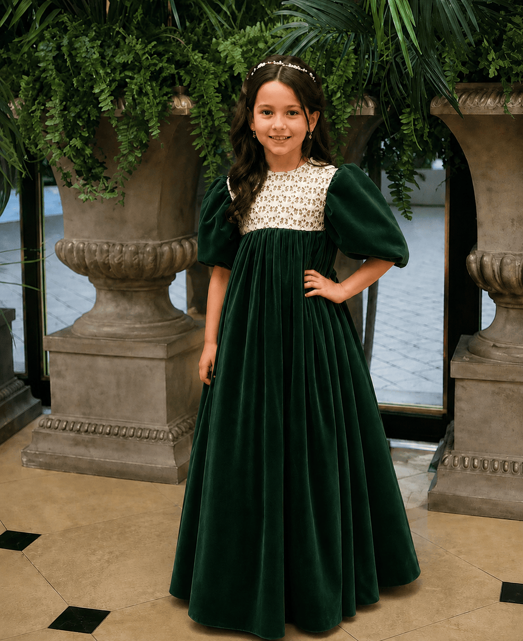 Dark Green / 3m Sunnypetal Vintage Velvet Lace Puff Sleeve Flower Girl Dress Long Princess Gown