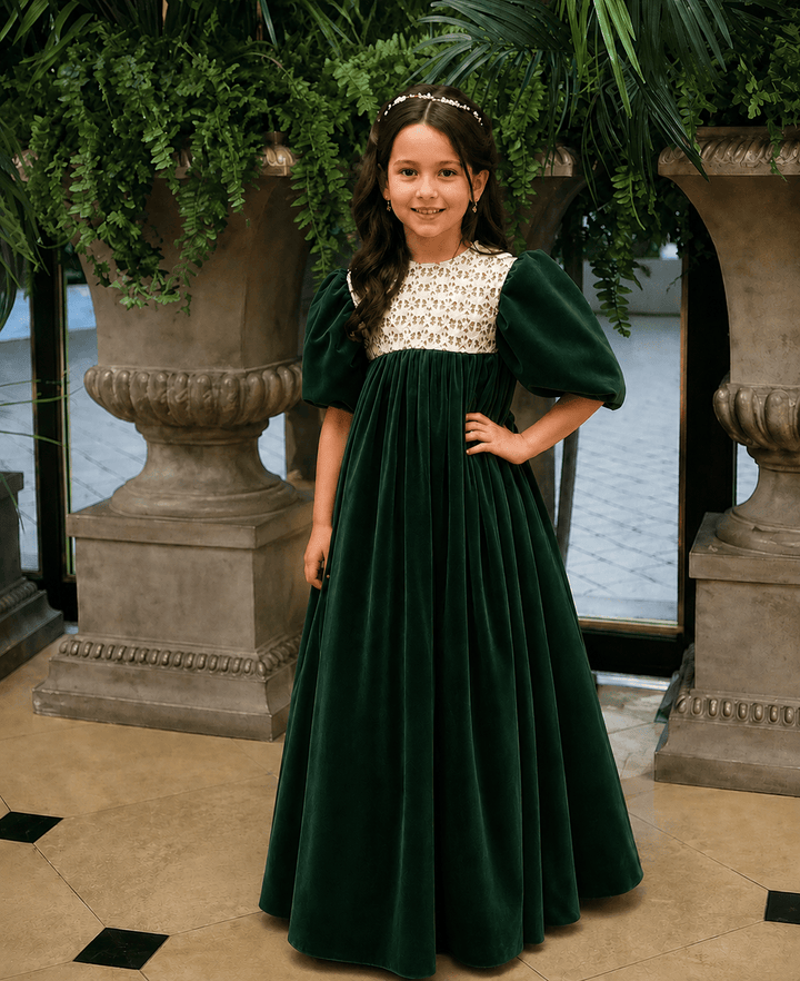 Dark Green / 3m Sunnypetal Vintage Velvet Lace Puff Sleeve Flower Girl Dress Long Princess Gown