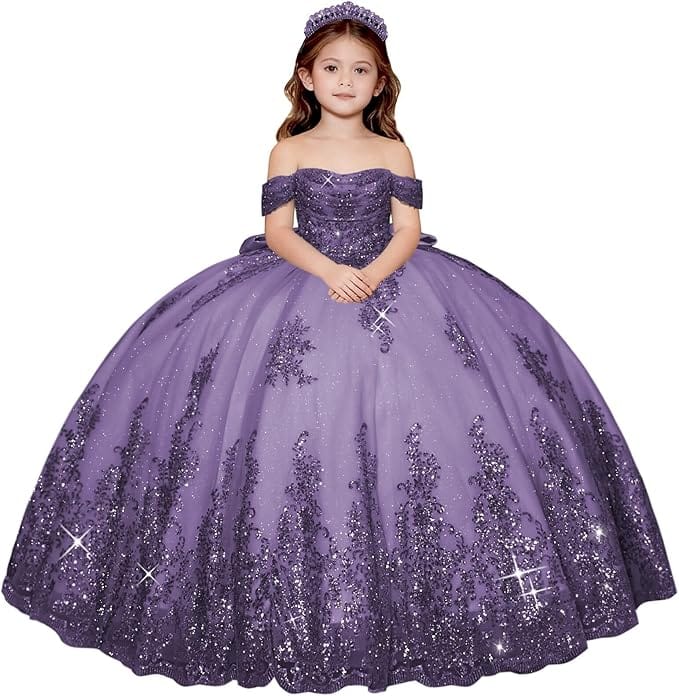 Dark Lilac / 18m Sunnypetal Enchanted Off-Shoulder Tulle Ball Gown Flower Girl Dress with Lace Appliqués
