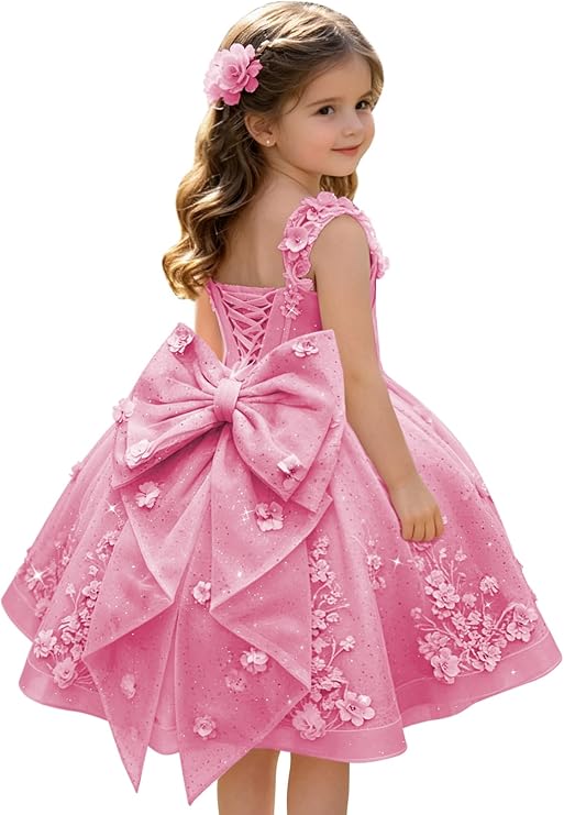 Dark Pink / 3m Sunnypetal Sweetheart 3D Floral Lace Appliqué Short Flower Girl Dress witn Bow