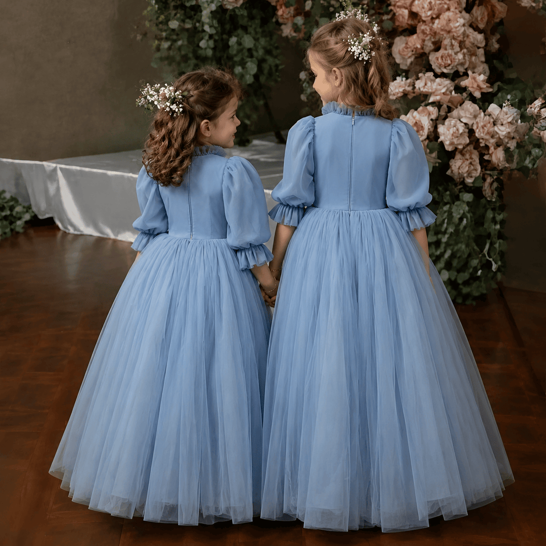 Dunnypetal Grey Blue Tulle High Neck Flower Girl Dress For Wedding Kids Birthday Party Gown