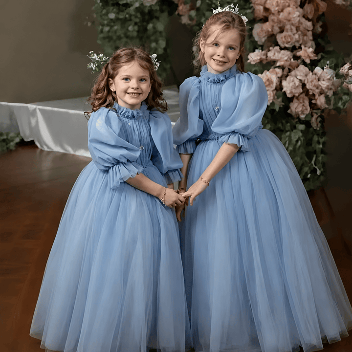 Dunnypetal Grey Blue Tulle High Neck Flower Girl Dress For Wedding Kids Birthday Party Gown