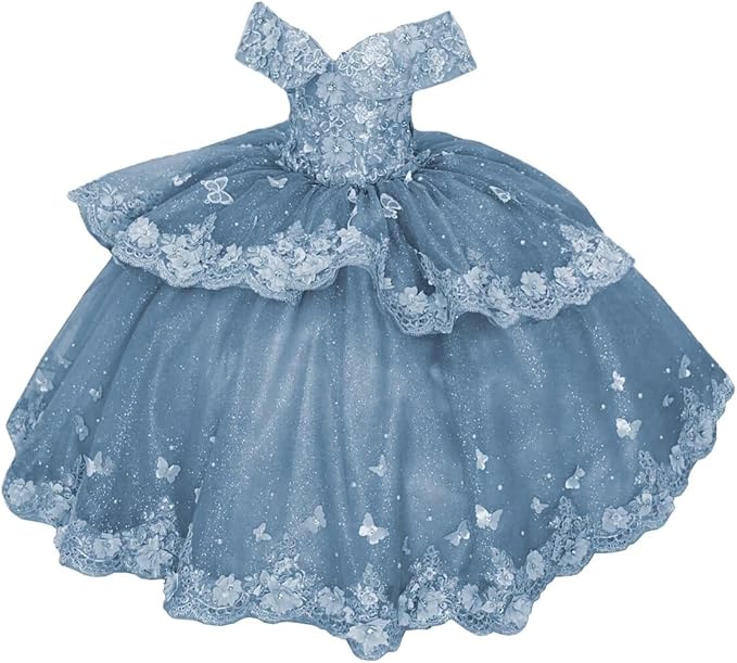 Dusty Blue / 18m Sunnypeta lEnchanted Blue Sweetheart Tulle Flower Girl Gown with Floral Appliqués
