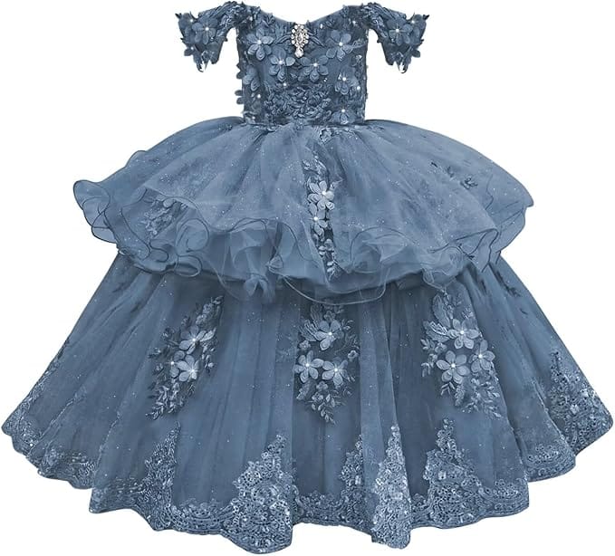 Dusty Blue / 18m Sunnypetal Elegant Off-Shoulder Tulle Ball Gown Flower Girl Dress with 3D Floral Appliqués