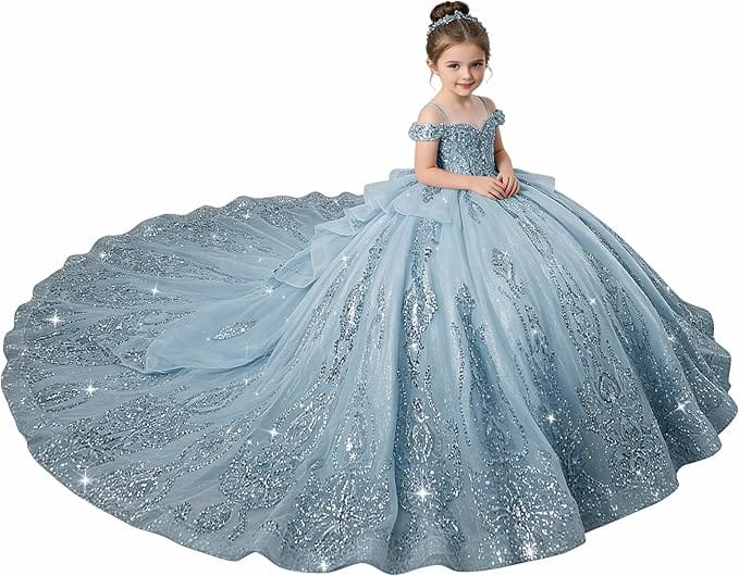 Dusty Blue / 18m Sunnypetal Enchanted Blue Off-Shoulder Flower Girl Princess Ball Gown with Sparkling Appliqués