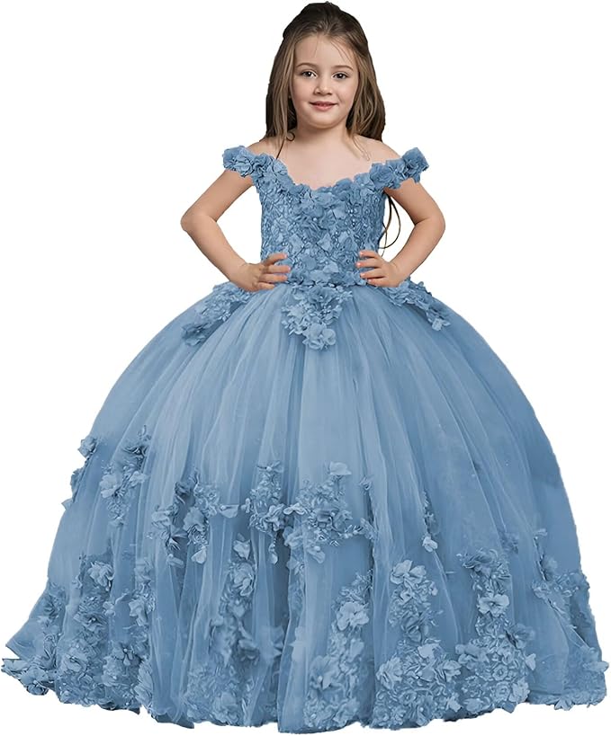 Dusty Blue / 18m Sunnypetal Exquisite Off-Shoulder Tulle 3D Floral Flower Girl Princess Dress with Satin Bow