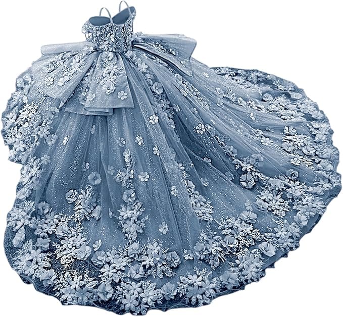 Dusty Blue / 18m Sunnypetal Exquisite Tulle Off-Shoulder Flower Girl Dress Pageant Gown with 3D Floral Appliqués