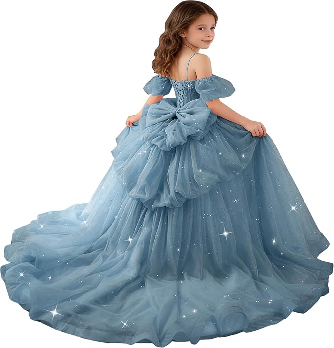Dusty Blue / 18m Sunnypetal Girls Spaghetti Strap Glitter Tulle Ball Gown with Lace Appliqués &amp; Bow