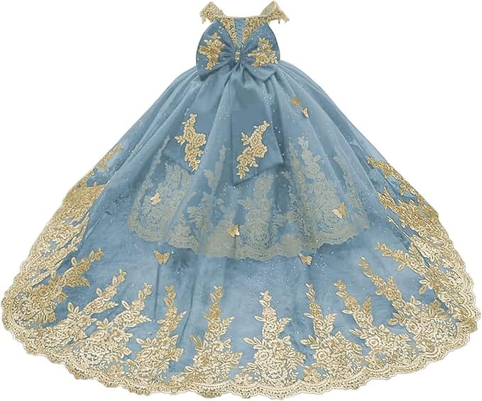 Dusty Blue / 18m Sunnypetal Gorgeous Off-Shoulder Sweetheart Tulle Flower Girl Dress with Gold Embroidery
