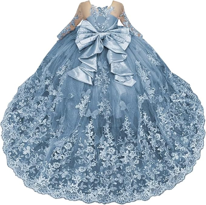 Dusty Blue / 18m Sunnypetal Lace Long Sleeve Ball Gown Flower Girl Dress with 3D Butterflies and Satin Bow