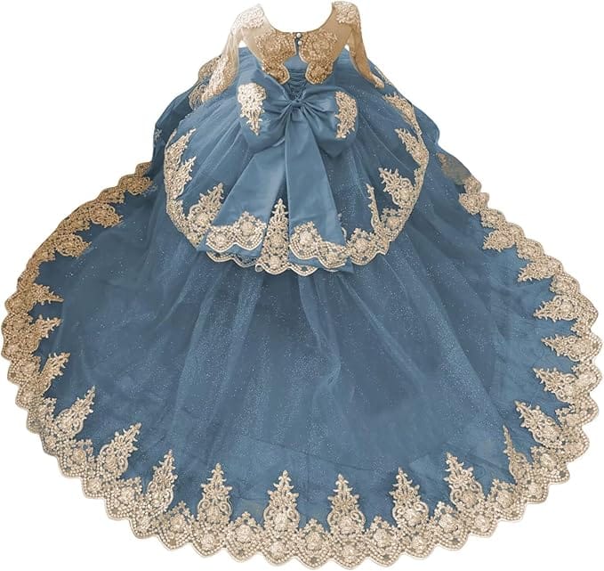 Dusty Blue / 18m Sunnypetal Luxury Gold Lace Appliqué Tulle Ball Gown Flower Girl Dress with Royal Train