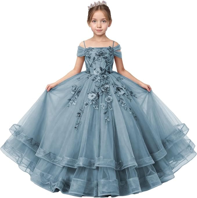 Dusty Blue / 18m Sunnypetal Off-Shoulder Floral Appliqué Tulle Flower Girl Dress for Special Occasions