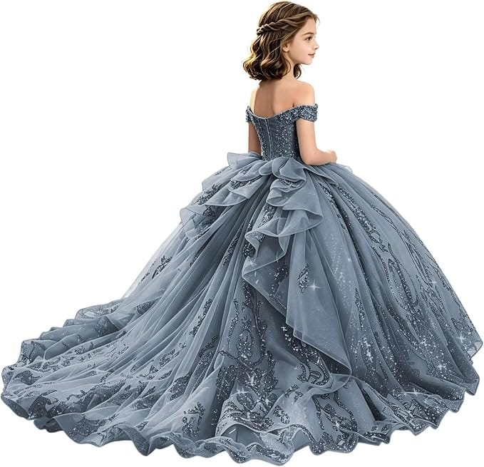 Dusty Blue / 18m Sunnypetal Off-Shoulder Lace Applique Beaded Flower Girl Pageant Dress