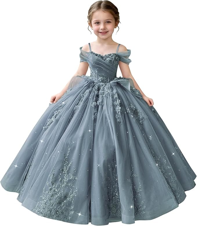 Dusty Blue / 18m Sunnypetal Off-Shoulderl 3D Lace Appliqué Tiered Ruffle Flower Girl Dress for Pageant