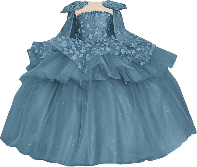 Dusty Blue / 18m Sunnypetal Princess Pink Tulle Ball Gown Flower Girl Dress with Butterfly Appliqués and Cape