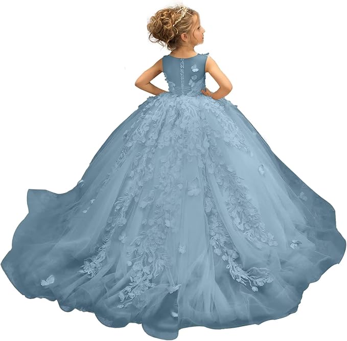 Dusty Blue / 18m Sunnypetal Puffy Tulle Flower Girl Dress Appliques 3D Butterfly Pageant Party Princess Dresses