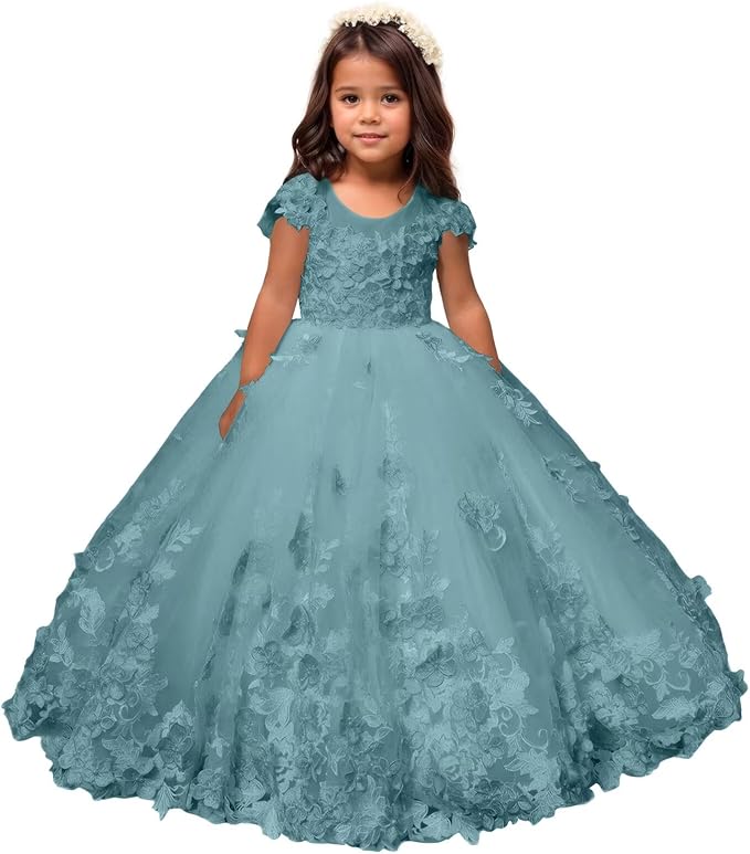 Dusty Blue / 18m Sunnypetal Romantic Blush Floral Lace Tulle Flower Girl Ball Gown