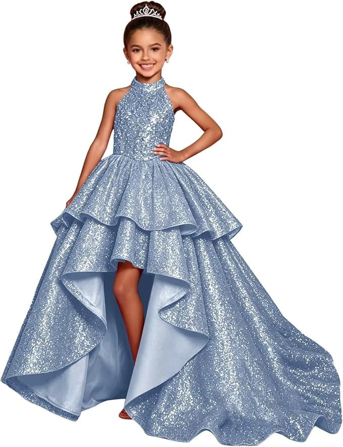 Dusty Blue / 18m Sunnypetal Sparkly Sequin Halter High Low Flower Girl Dress Pageant Gown