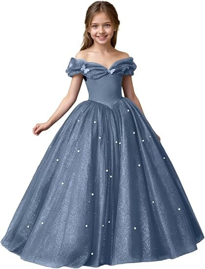 Dusty Blue / 3m Sunnypetal Exquisite Off-Shoulder Tulle Flower Girl Dress for Special Occasions