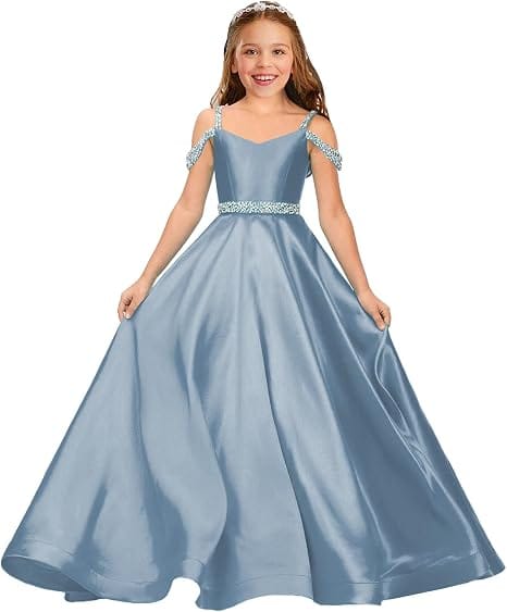 Dusty Blue / 9m Sunnypetal Luxury Off-Shoulder Satin Rhinestone Flower Girl Princess Gown