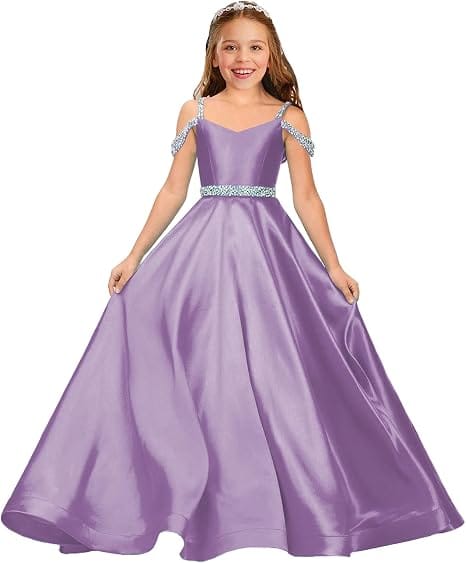 Dusty Lavender / 9m Sunnypetal Luxury Off-Shoulder Satin Rhinestone Flower Girl Princess Gown