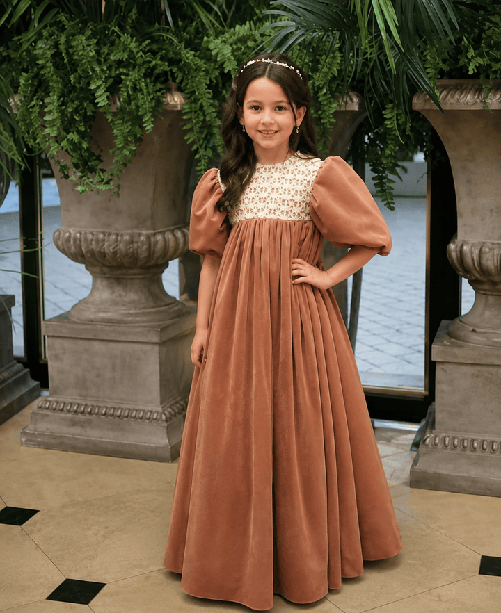Dusty Orange / 3m Sunnypetal Vintage Velvet Lace Puff Sleeve Flower Girl Dress Long Princess Gown