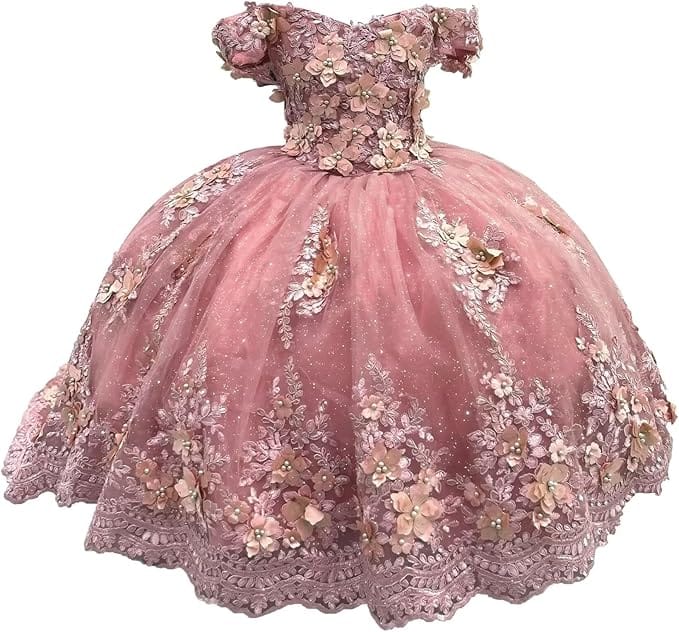 Dusty Pink / 18m Sunnypetal Enchanted Ice Blue Tulle Ball Gown Flower Girl Dress with 3D Floral Appliqués