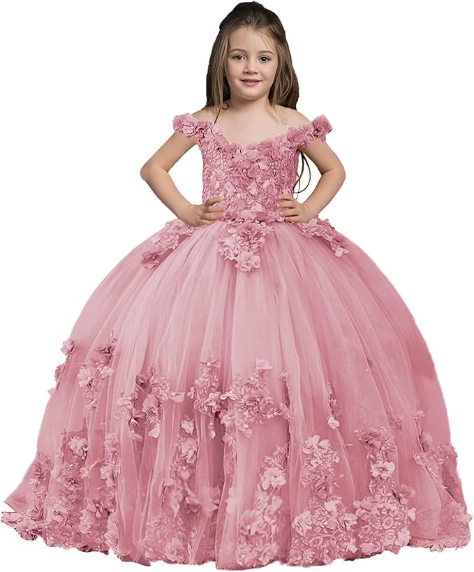 Dusty Pink / 18m Sunnypetal Exquisite Off-Shoulder Tulle 3D Floral Flower Girl Princess Dress with Satin Bow