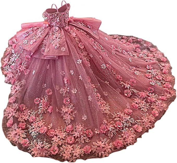Dusty Pink / 18m Sunnypetal Exquisite Tulle Off-Shoulder Flower Girl Dress Pageant Gown with 3D Floral Appliqués