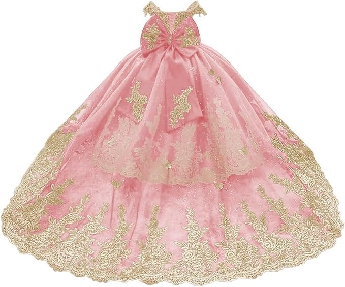 Dusty Pink / 18m Sunnypetal Gorgeous Off-Shoulder Sweetheart Tulle Flower Girl Dress with Gold Embroidery
