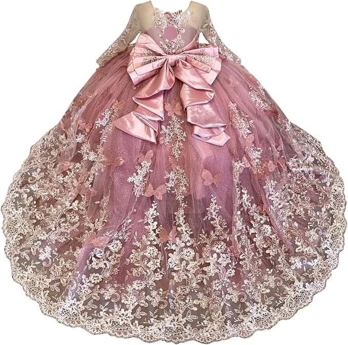 Dusty Pink / 18m Sunnypetal Lace Long Sleeve Ball Gown Flower Girl Dress with 3D Butterflies and Satin Bow