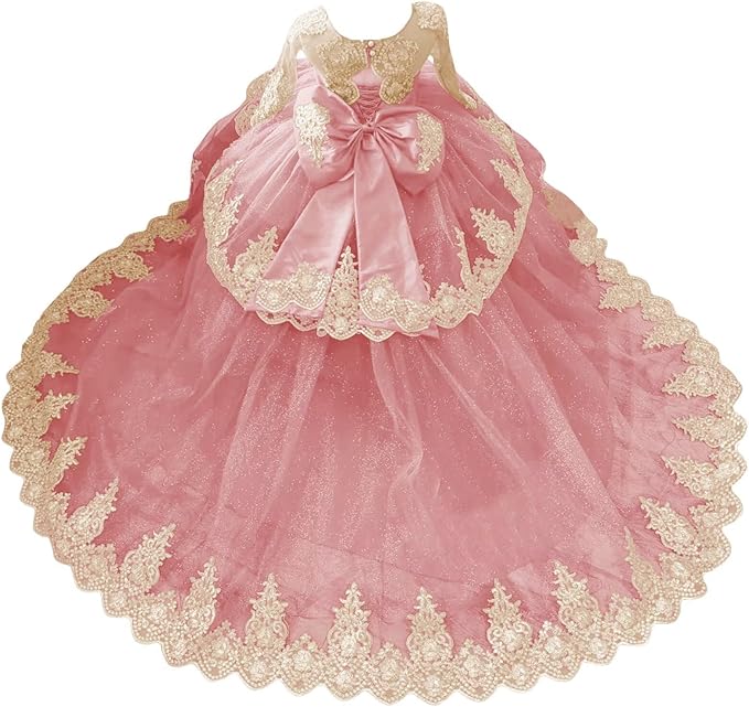 Dusty Pink / 18m Sunnypetal Luxury Gold Lace Appliqué Tulle Ball Gown Flower Girl Dress with Royal Train